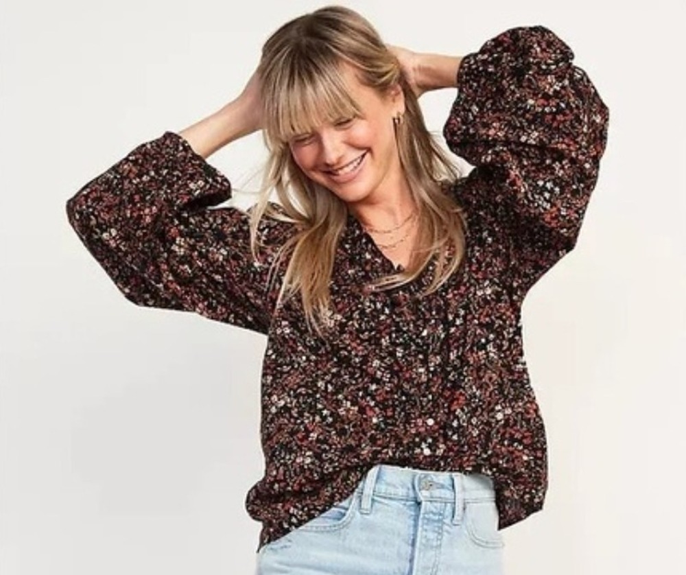 OLD NAVY Women's Cotton Blend Balloon Long Sleeve Blouse Size 2X Dark Floral